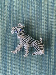 Charming Silver Tone Terrier Dog Brooch Marked GERRY’S with Blue Rhinestone Eyes