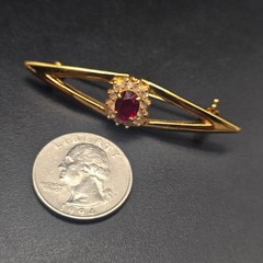 Red Rhinestone Art Deco Brooch Gold Tone Vintage Costume Jewelry