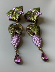 Vintage Grape Clips Earrings By Banana Bob Brass Alloy Enamel Crystals Dangling