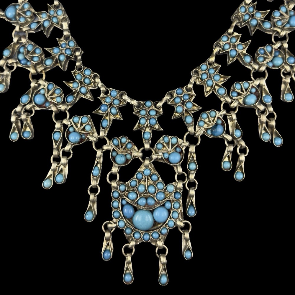 Vintage 1950s EGYPTIAN REVIVAL Collar Necklace TURQUOISE CABOCHON Tibetan Amulet