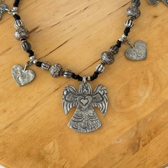 Vintage Signed MARCIE Beaded Pewter 3 Angels Cord Necklace Faith, Hope & Charity