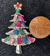 Rhinestone Christmas Tree Brooch Pink Green Blue Retro Holiday Pin