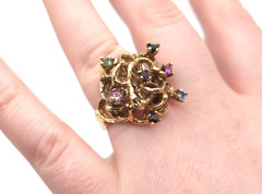 Vintage Gold Plated Sterling Signed Brutalist Rhinestone Dome Cocktail Ring Sz 6