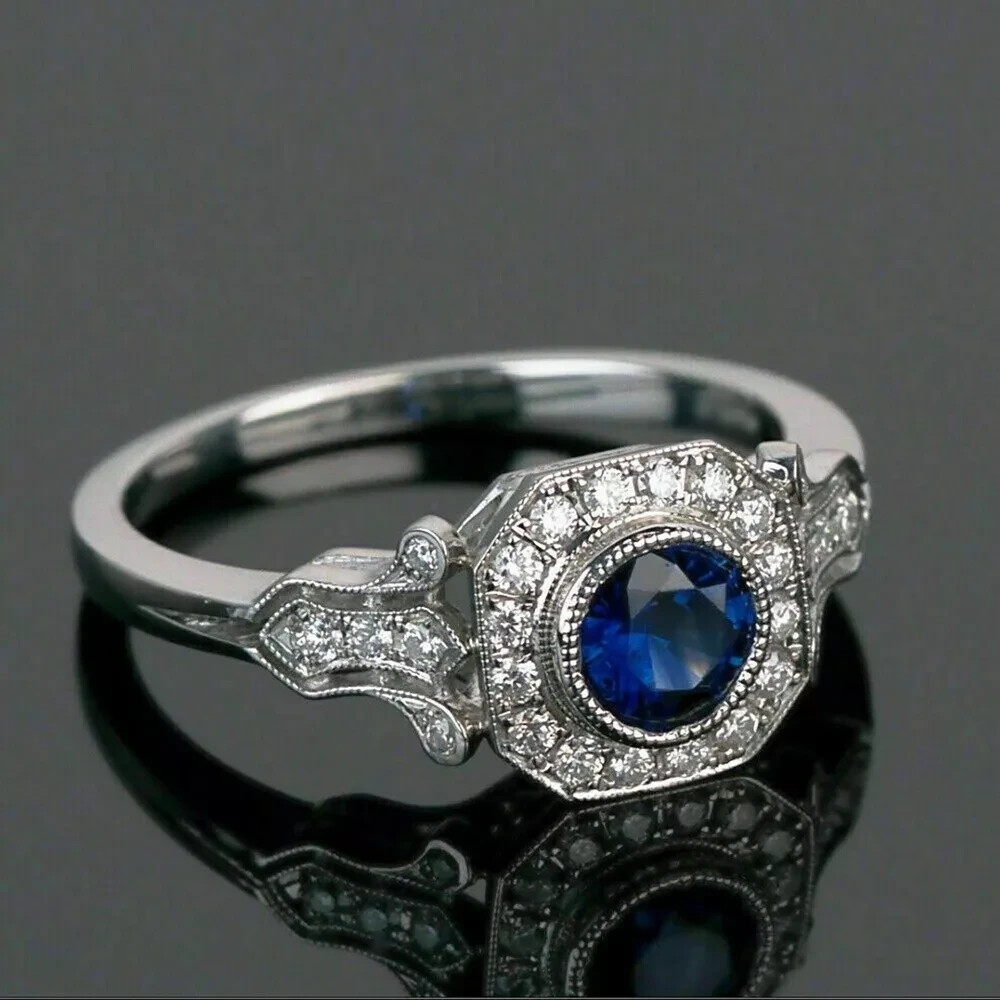Milgrain Art Deco Engagement Ring 2 Ct Lab Created Sapphire 14k White Gold Over