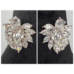 Vtg MONET Clip On Earrings Silver Tone Pear Cut Rhinestone Crystal Cluster EUC