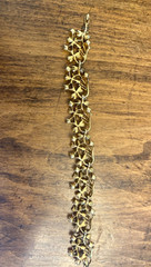 Vintage Gold Tone Floral Bracelet/Coral Color Beads/Red and Green Rhinestones