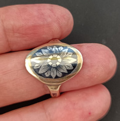 Niello Floral Ring Gilded Silver Oval Vintage Statement Size 8.5 Vintage 875
