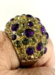 Vintage Gold Tone Rhinestone Dome Ring Purple Green Cocktail Statement Size8