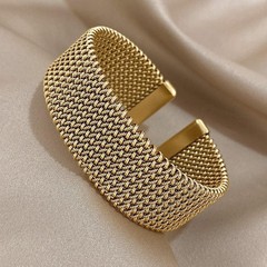 Vintage Weave Gold Cuff Bracelet Women Stainless Steel Chunky Bangle Waterproof