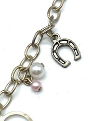 Vintage Charm Bracelet Love Luck Heart Horeshoe Faux Pearl Gold Tone Dangle B10