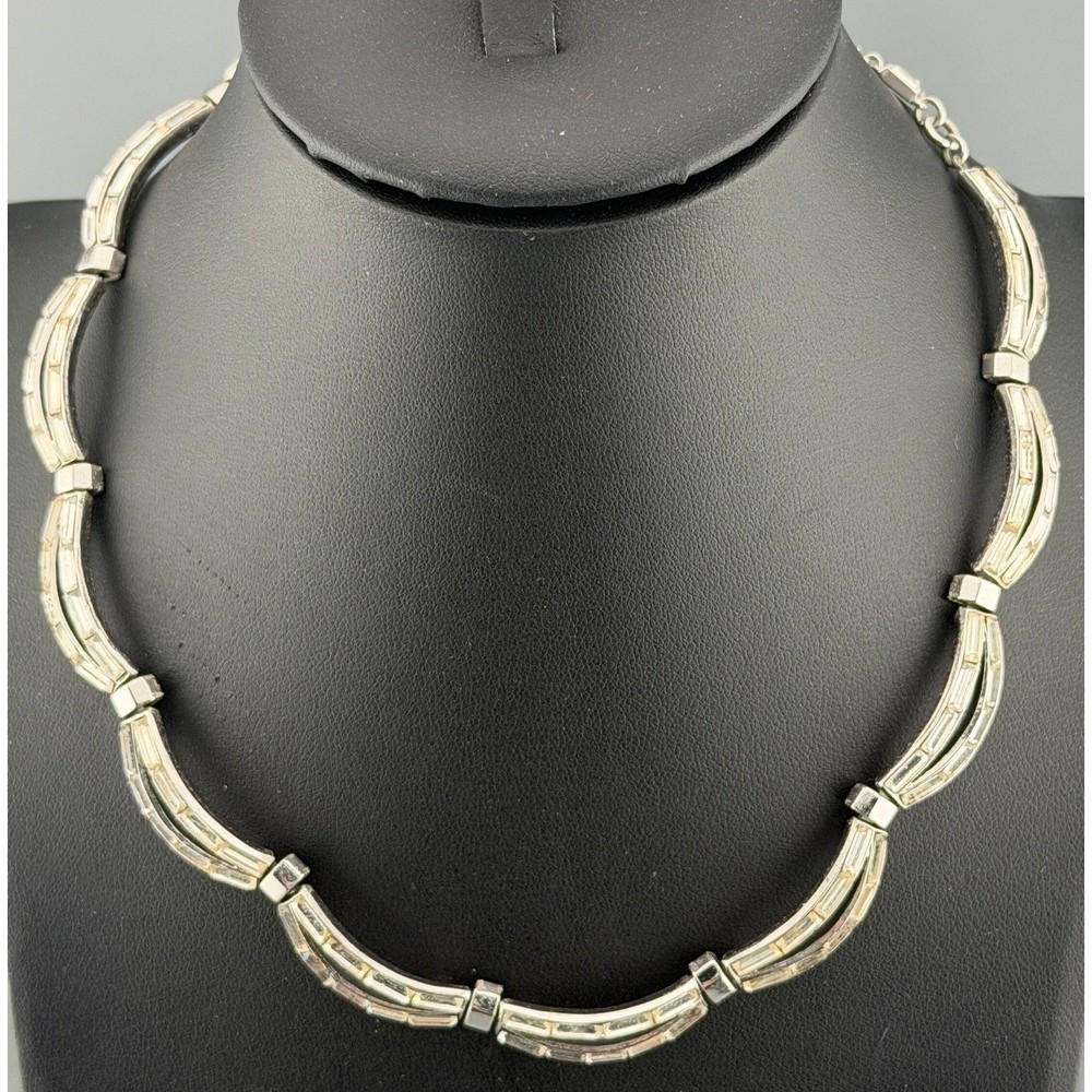 Vintage Trifari Necklace Double Baguette Rhinestones Art Deco Hook Clasp 16″