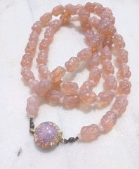 ANTIQUE MOLDED BERRY OPAL MILKY PINK OPALINE GLASS BEAD FLAPPER NECKLACE SET 3ft