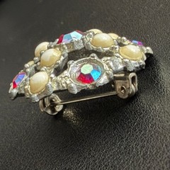Vintage Pot Metal Brooch AJC Rhinestone Silver Tone Aurora Borealis Faux Pearl