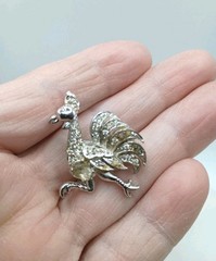 Vintage Rooster Chicken Brooch Pin Mid Century Set 2 Enamel Sparkly Cartoon Like