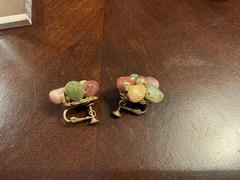 Vtg Signed Miriam Haskell Hand Wired Floral Cluster Clip Earrings Green Cabochon