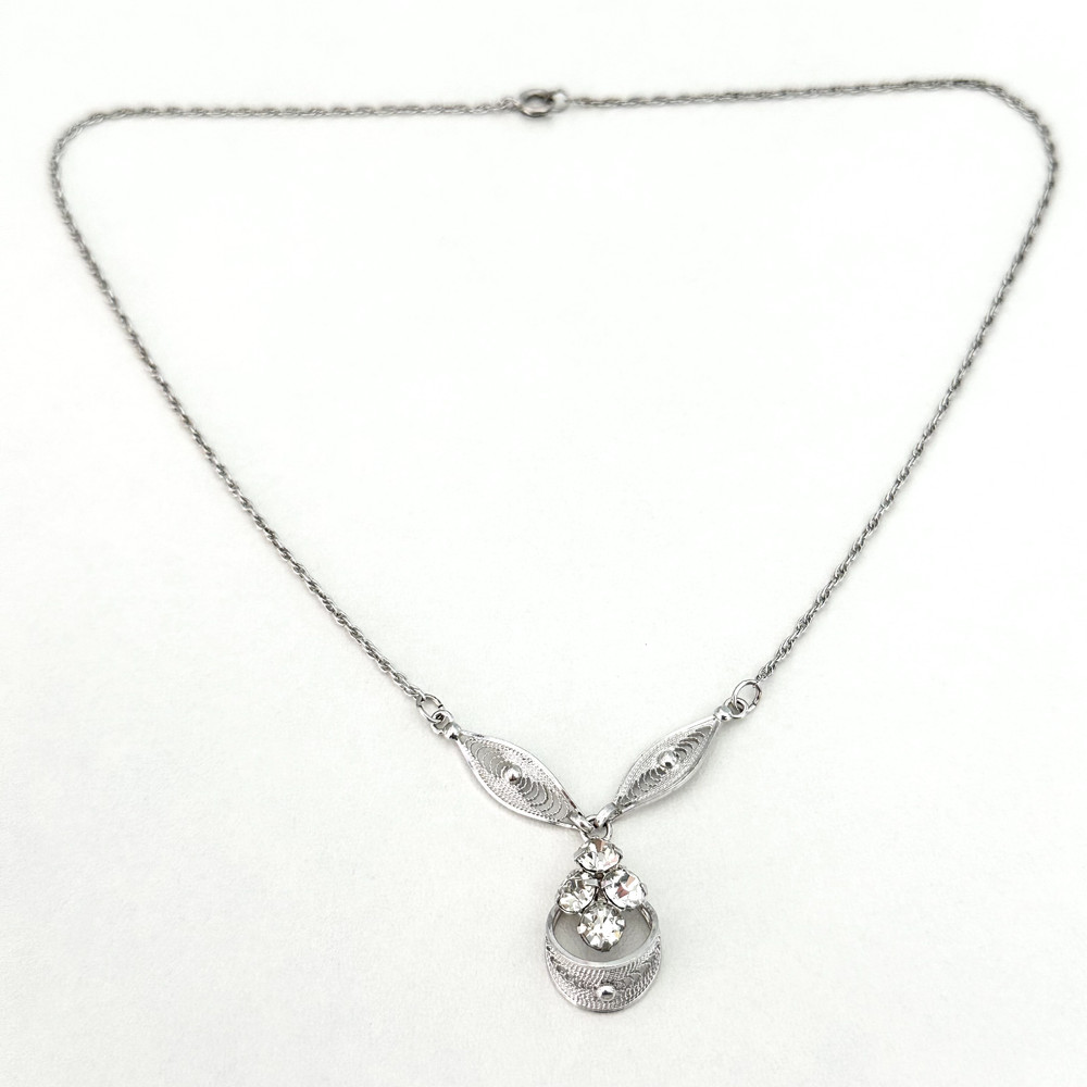 Vintage Sorrento Designer Signed 925 Sterling Silver Clear Crystal Drop Necklace
