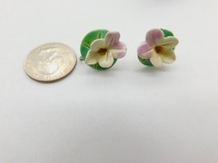 Lavender Yellow Porcelain Flower On Green Lily Pad Screw Back Earrings Vintage