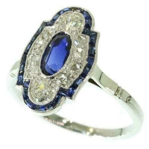 3.20 Ct Natural Sapphire Art Deco Vintage Engagement Ring 925 Sterling Silver