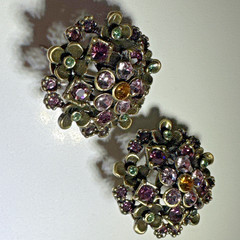 Vintage LaVintage Antiqued Gold Brass Purple Crystals Flowers Earrings Pierced