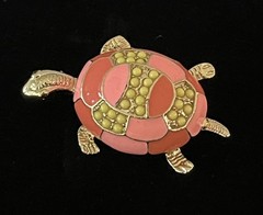 Gold Tone Peach & Yellow Enamel Turtle Brooch Pin