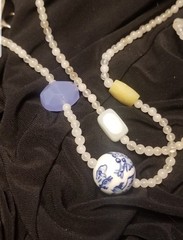 Asian Chinoiserie Bead Necklace & Yellow, Green,White Jade/jadeite, 35″sterling