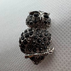 Vintage Black Crystal Owl Brooch Silver Tone Owl Pin Gift for Her