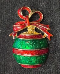 Estate Gold Tone Christmas Ornament & Red Ribbon Enamel Holiday Pin / Brooch