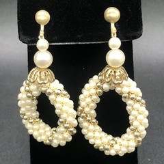 Vtg Faux Pearl Gold Woven Rope Necklace Matching Rope Hoop Earrings Screw Backs