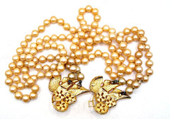 Vintage Celebrity NY 2 Strand Faux Pearl Necklace Floral Rhinestone, Pearl Clasp