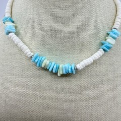 Vintage Silver Tone Turquoise Color Heishi Bead Necklace Shell Chip Strand Boho