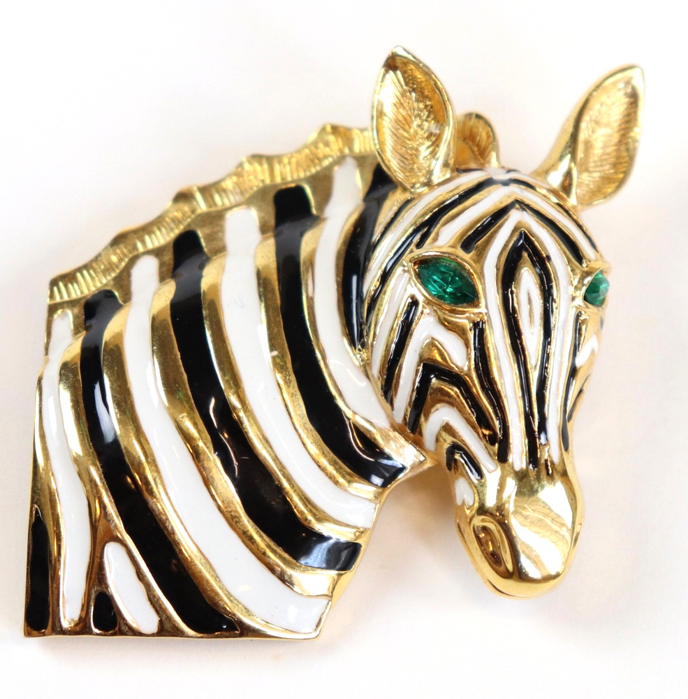 VTG Zebra Head Brooch Pin Gold Tone Black White Enamel Statement Jewelry Africa