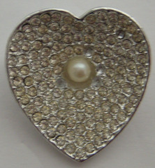 Vintage Silver Tone Pave Rhinestone Heart Brooch with Faux Pearl Center Pin