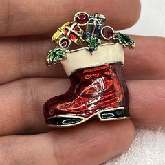 Vintage Enamel Red Santa Claus Christmas Stocking Boot Holly Berry Brooch Pin