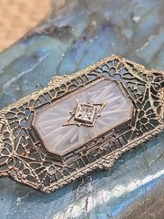 Antique 10K White gold White Sapphire Brooch Ornate Filigree Throat Brooch 1.4″