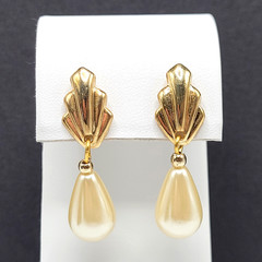 Art Deco Style Faux Pearl Teardrop Gold Tone Scallop Fan Classy Mermaid Earrings