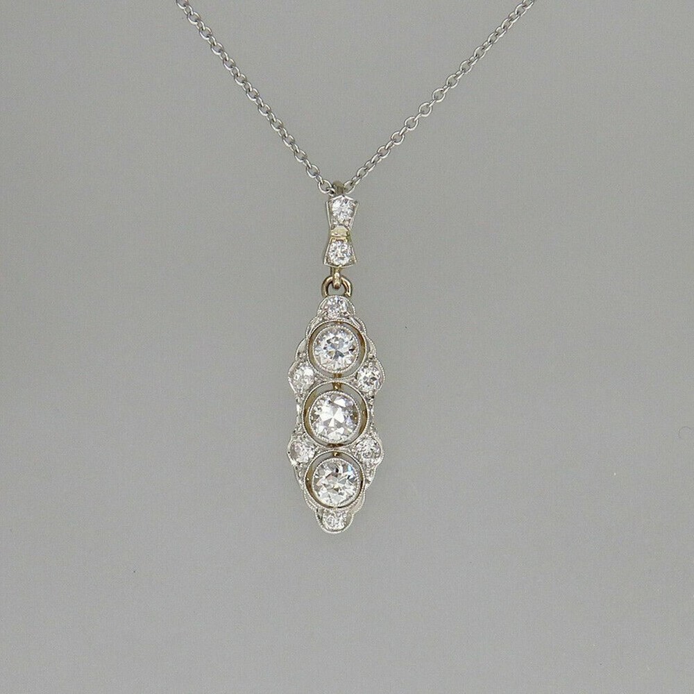 Art Deco Old European Lab Created Diamond Three-Stone Wedding 925 Silver Pendant