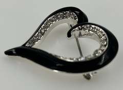 Vintage Liz Claiborne Open Heart Black Enamel Rhinestone Brooch