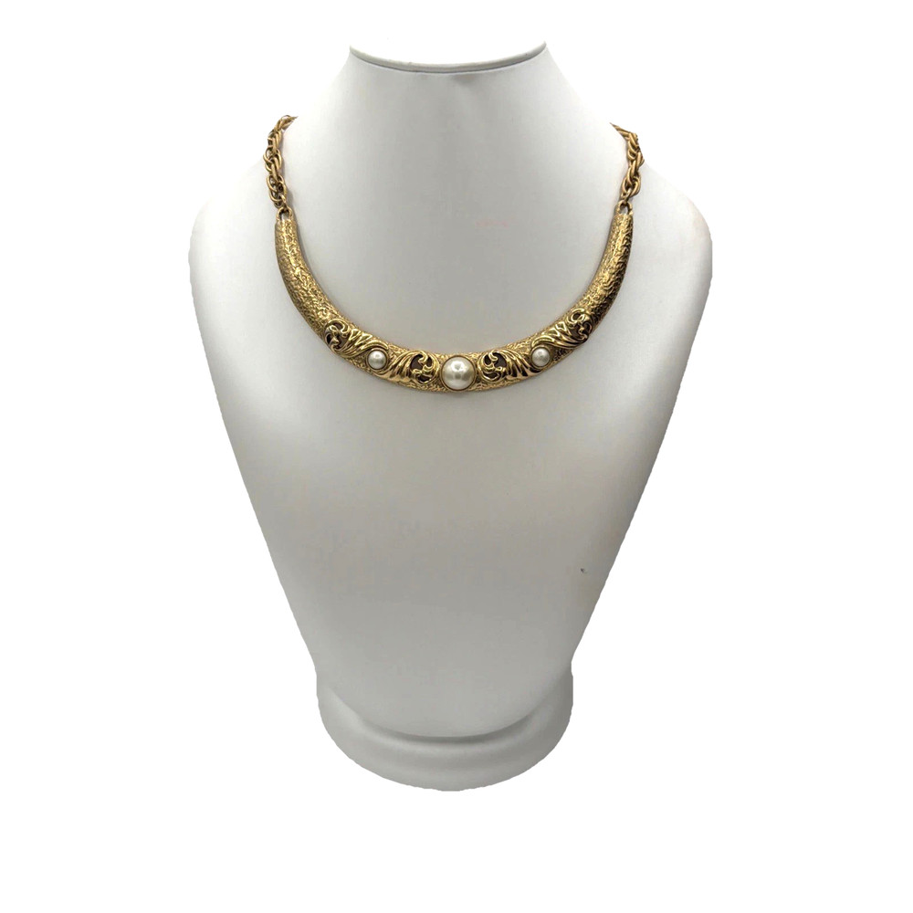 Vintage Gold‑Tone Ornate Statement Necklace | Scrollwork Bib Design Faux Pearl