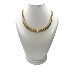 Vintage Gold‑Tone Ornate Statement Necklace | Scrollwork Bib Design Faux Pearl