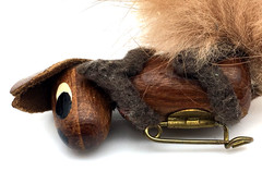 Vintage Wood, Leather, Felt & Fur Hand Painted Face Squirrel Pin
