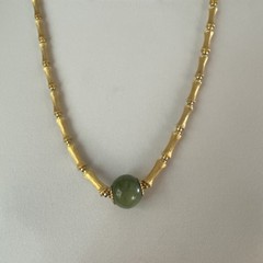 24 Inch Bamboo Link Necklace w/ Sterling Clasp & Faux Green Bead – 41.3g
