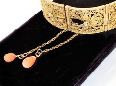 Antique Italian Gilt Silver Filigree Panel Bracelet, Natural Salmon Coral Drops