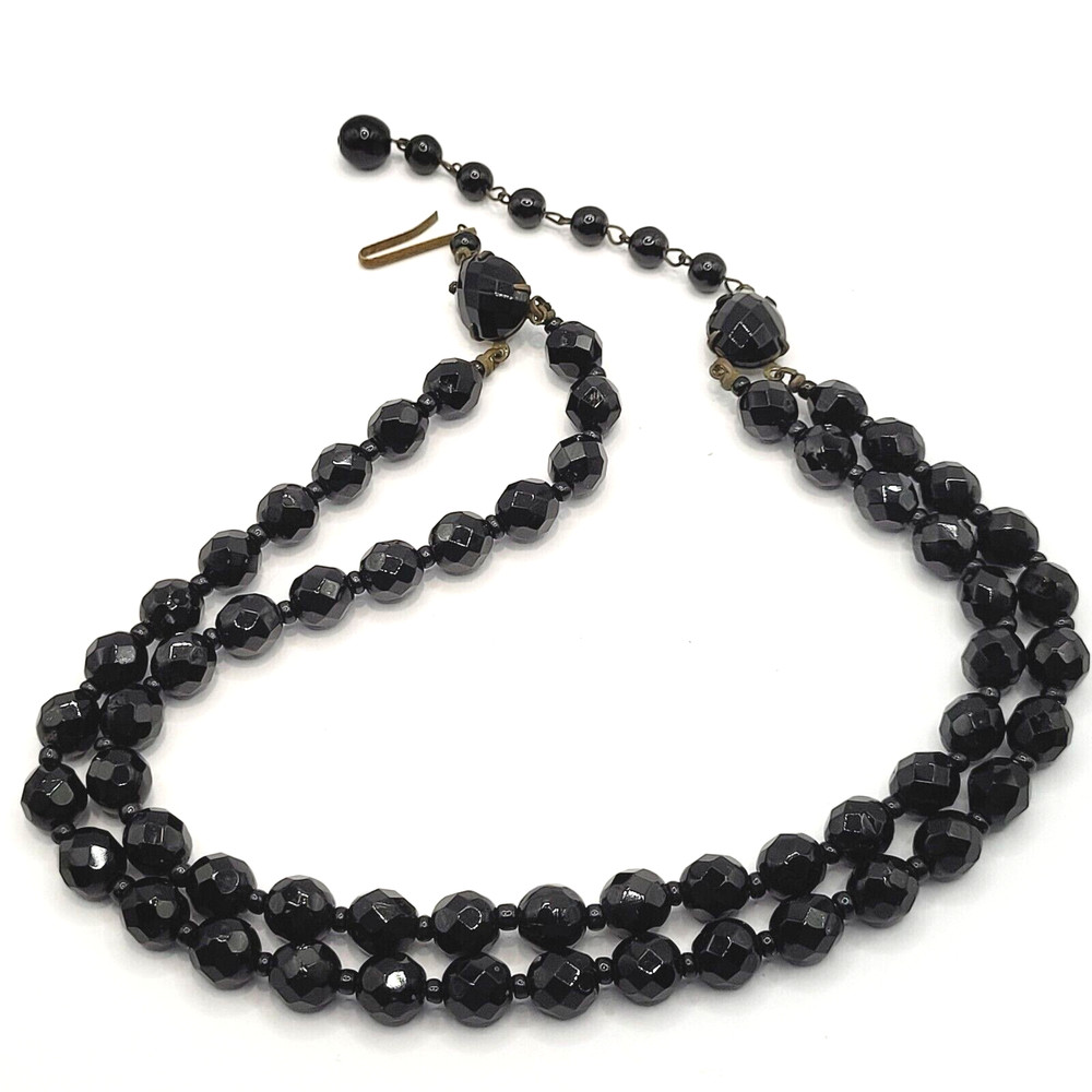 Black Glass Bead Necklace Double Strand West Germany Vintage 1950 1960s 16 Inch