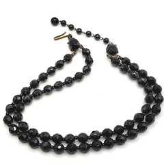 Black Glass Bead Necklace Double Strand West Germany Vintage 1950 1960s 16 Inch