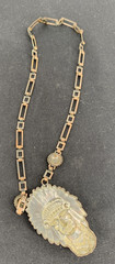 Copper Metal Native American Chief Necklace 20″ Glass Rhinestones Blue Beads Vtg