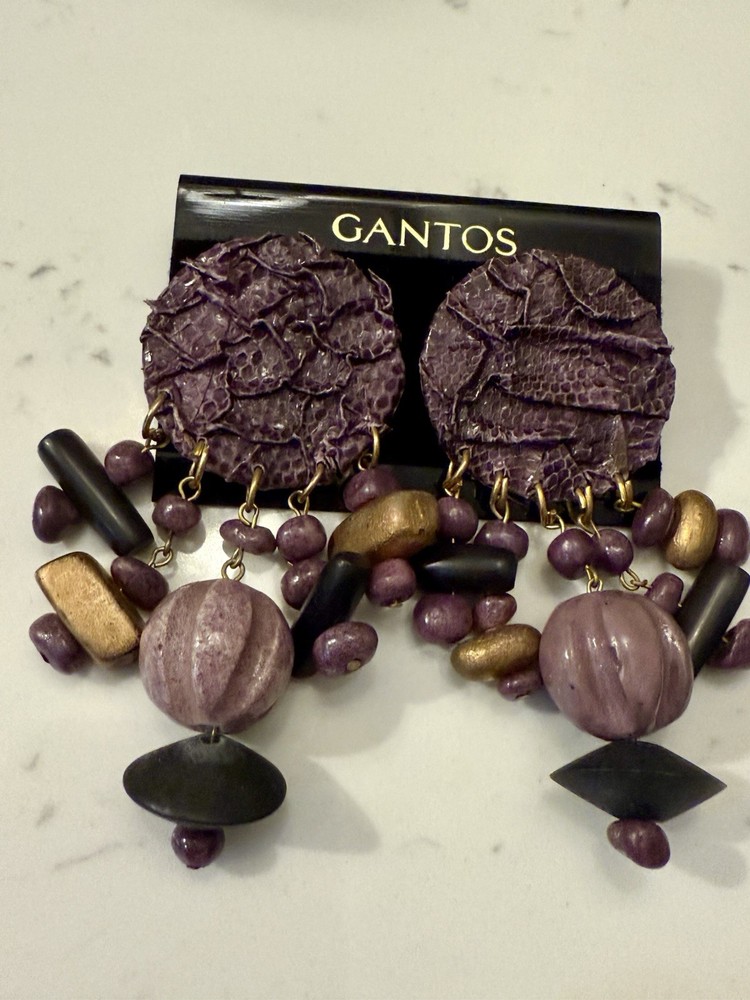 Vintage 80’s Gantos Huge Purple Leather & Wood Earrings New