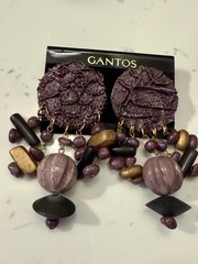 Vintage 80’s Gantos Huge Purple Leather & Wood Earrings New