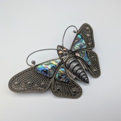 Vintage Sterling Silver Moth Large Hair Clip With Abalone Shell Inlay