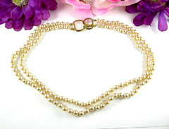 Necklace GLASS FAUX PEARL BEADS Imitation 2 Double Strand Vintage Beaded Knotted