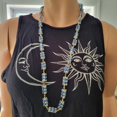 Vintage Blue Clear Plastic Bead Necklace Long Brass Spacers 32in Retro Mod Style
